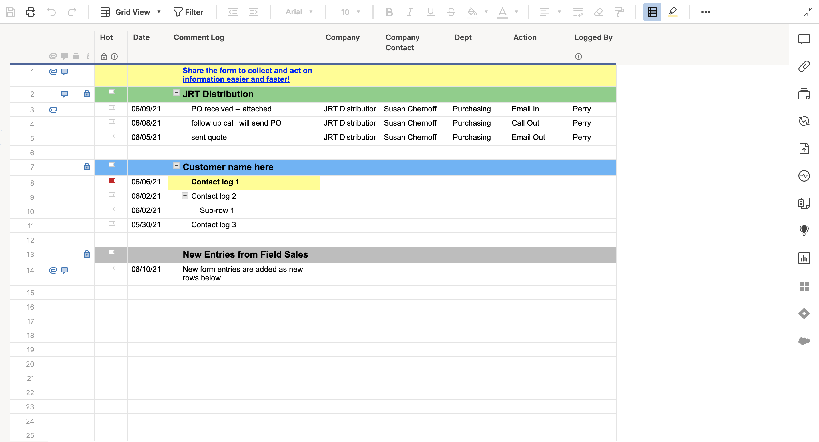 Customer Contact Log with Form | Smartsheet